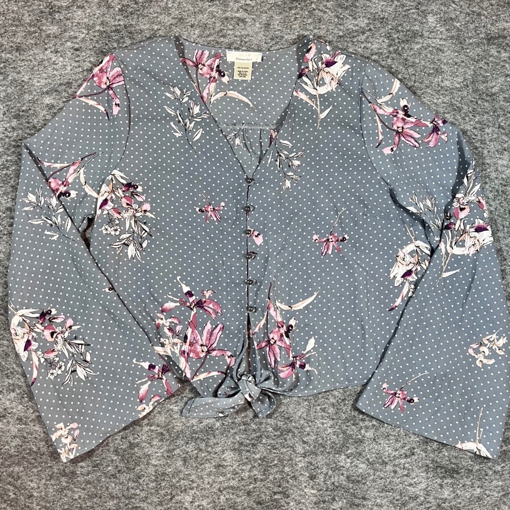 Urban Romantics Cropped Tie Front Blouse Womens L Gray Floral Cottagecore Boho